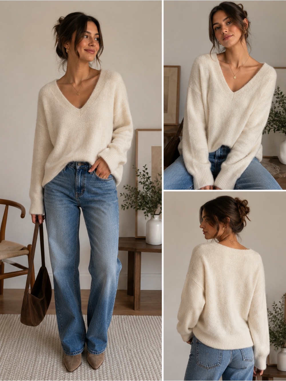 Anthropologie Cream Fuzzy V-Neck Sweater Small Relaxed Oversized Fit